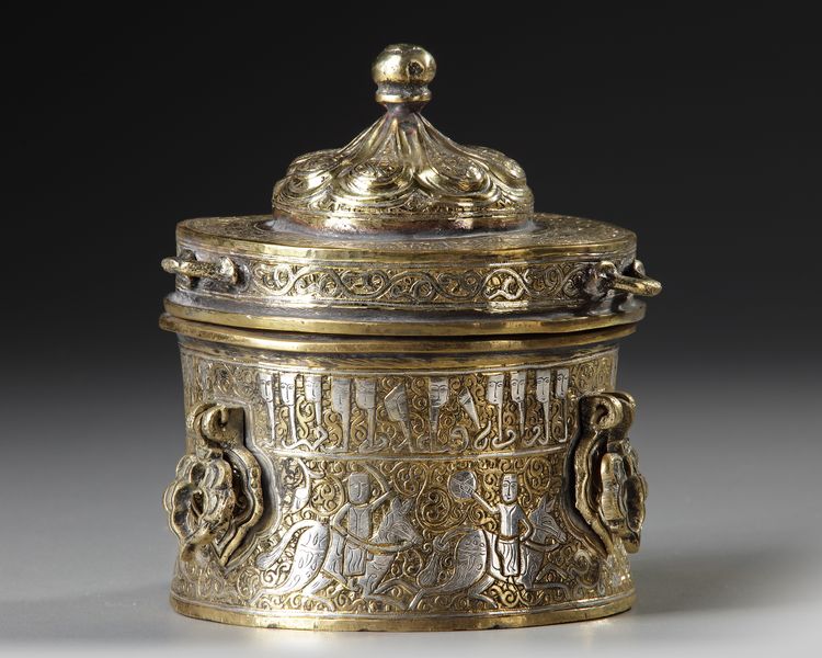 A PERSIAN SILVER AND COPPER INLAID BRONZE INKWELL, KHURASSAN STYLE, 19TH-20TH CENTURY