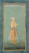 A STANDING PORTRAIT OF A MUGHAL NOBLE, GOUACHE HEIGHTENED WITH GOLD ON PAPER, INDIA, CIRCA 18TH CENTURY