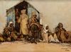A Dutch painting depciting resting people and a donkey before a wooden cabin