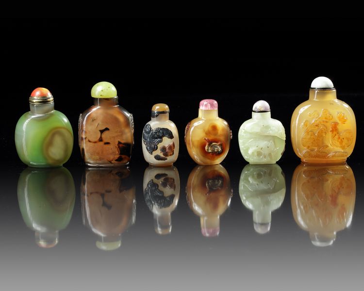 A GROUP OF SIX CHINESE HARDSTONE SNUFF BOTTLES