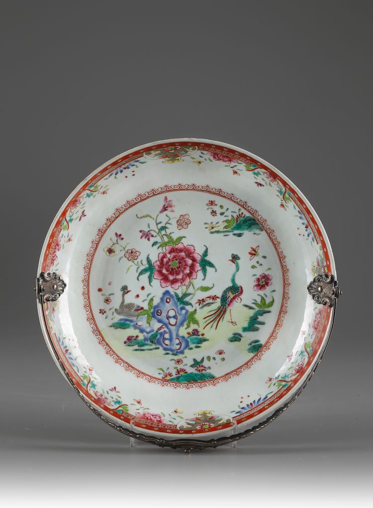 A Chinese porcelain famille rose plate with silver handle