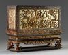 A Chinese gilt-lacquered wood altar box, cover, and stand