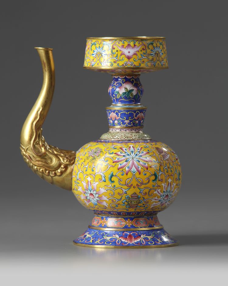A CHINESE YELLOW-GROUND PAINTED ENAMEL 'TIBETAN-STYLE' EWER, PENBA HU, QING DYNASTY (1644-1911)