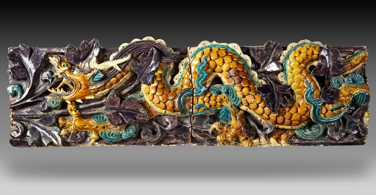 TWO CHINESE 'FAHUA' GLAZED 'DRAGON' TILES, LATE MING DYNASTY (1368-1644 AD)