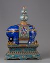 A lapis lazuli carving of a elephant with cloisonné mounts and stand