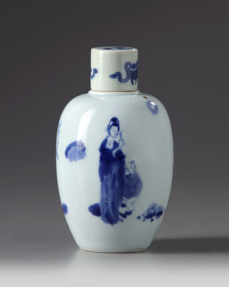 A Chinese blue and white 'ladies and boys' jar and cover