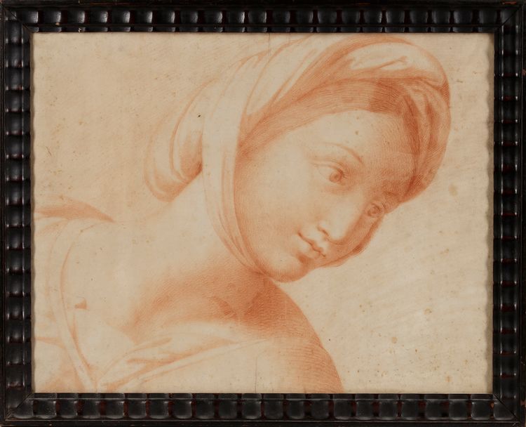 CONTINENTAL SCHOOL (17TH/18TH CENTURY), STUDY OF A LADY WEARING A MEDIEVAL HEADDRESS, RED CHALK ON PAPER