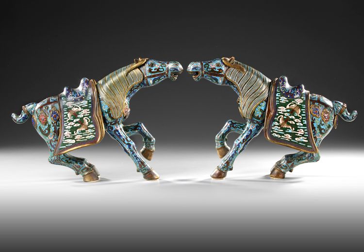 A PAIR OF LARGE CHINESE CLOISONNE ENAMEL FIGURES OF CAPARISONED HORSES, 20TH CENTURY