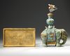 A CHINESE JADE AND CLOISONNÉ CAPARISONED ELEPHANT ON A CLOISONNÉ BASE, QING DYNASTY (1644-1911)