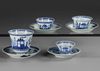 FOUR CHINESE BLUE AND WHITE 'CUCKOO IN THE HOUSE' CUPS AND SAUCERS, 18TH CENTURY