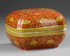 A CHINESE YELLOW-DECORATED RED-GROUND DRAGONS BOX AND COVER, QING DYNASTY (1644–1911)