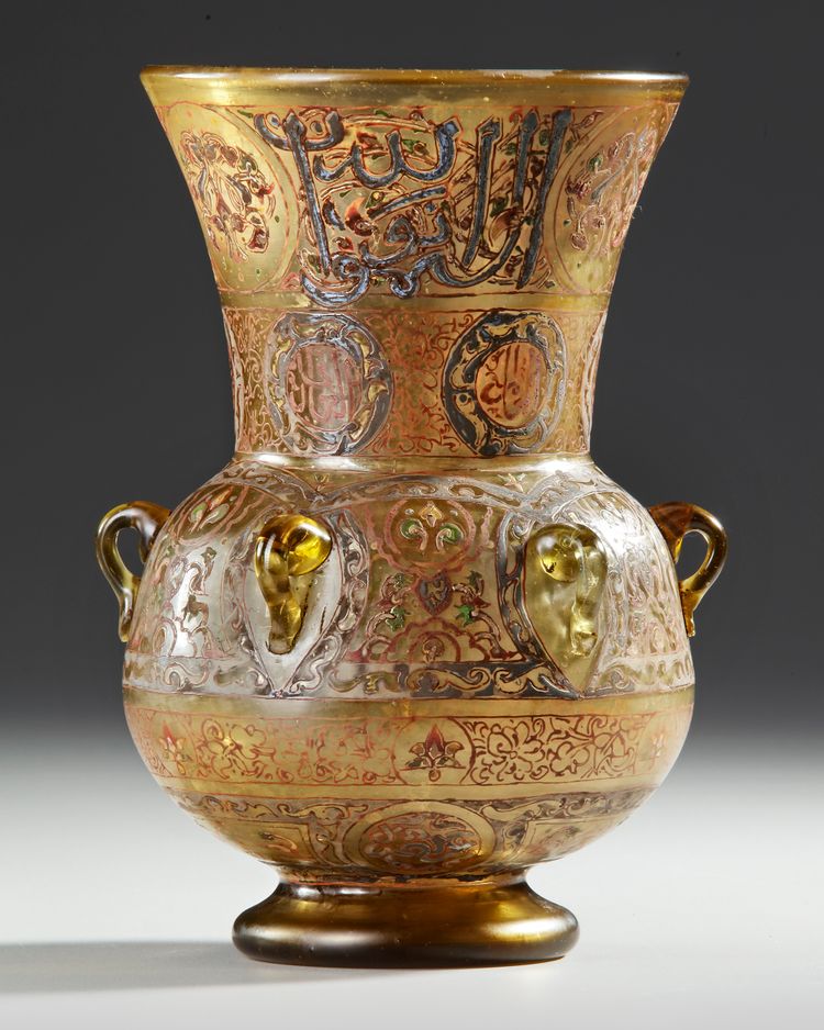AN ISLAMIC ENAMELLED GLASS MOSQUE LAMP,  NEAR EAST EARLY 19TH CENTURY