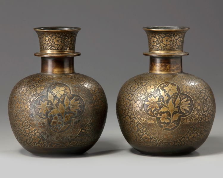 Two Islamic brass hookah bases