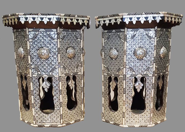 Two wooden mother of pearl inlaid tables