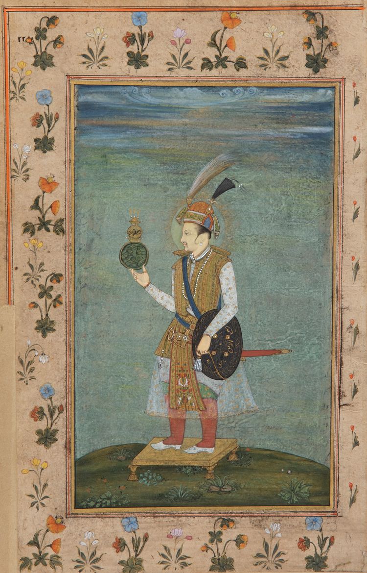 A WATERCOLOR PAINTING, JAHANGIR HOLDING A GLOBE,INDIA, MUGHAL,19TH-20TH CENTURY