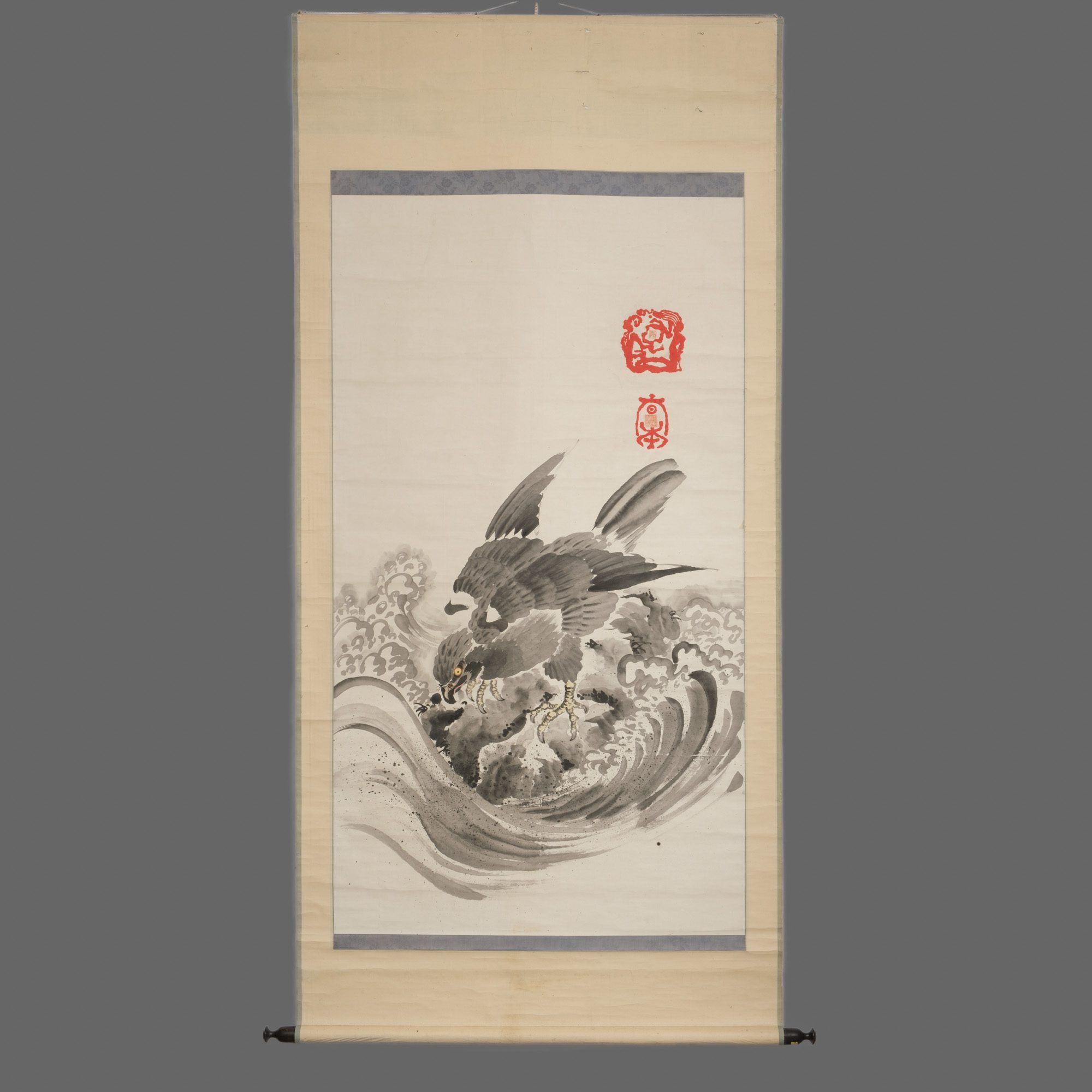 A JAPANESE SCROLL OF HAWK WITH 2 SEALS, MID 20TH CENTURY