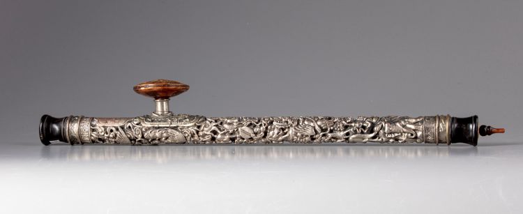 A CHINESE BONE AND SILVER PLATED CARVED OPIUM PIPE, 20TH CENTURY