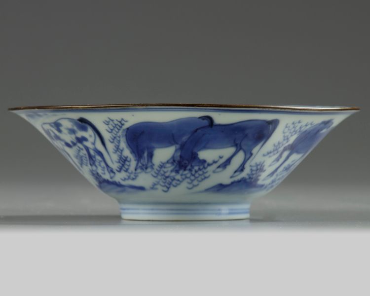 A Chinese blue and white 'Eight Horses of Mu Wang' conical bowl