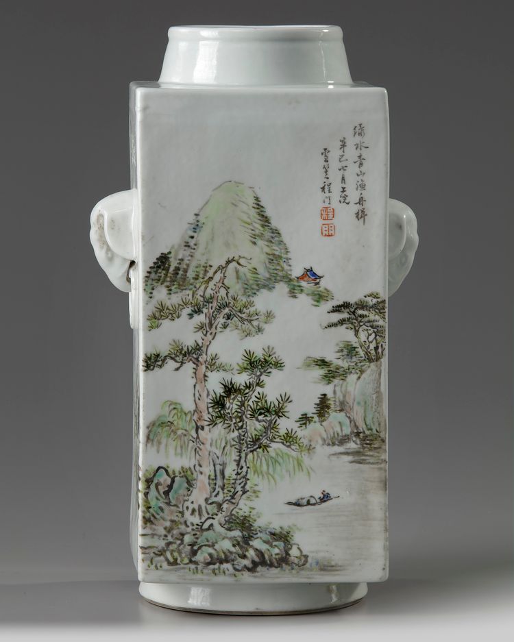 A Chinese Qianjiang-style enamelled square-section cong vase