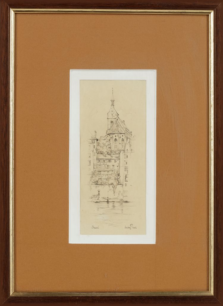 ANTON PIECK, INK, SKETCH OF BASEL, SWITZERLAND, CIRCA 1968