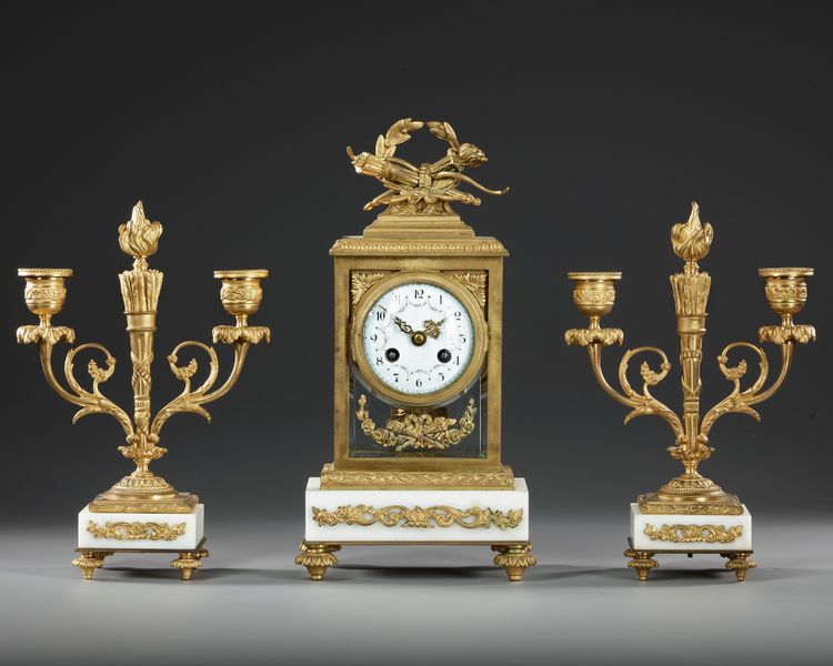 A GILT BRONZE AND MARBLE FIREPLACE SET, LOUIS XVI STYLE, 19TH CENTURY