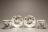 Two pairs of famille rose 'deer and lingzhi' cups and saucers
