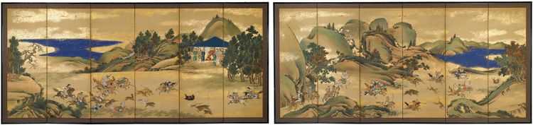 A SET OF TWO JAPANESE SIX PANEL BYOBU SCREENS DEPICTING A LANDSCAPE WITH A HUNTING SCENE, EDO PERIOD (1603-1868)