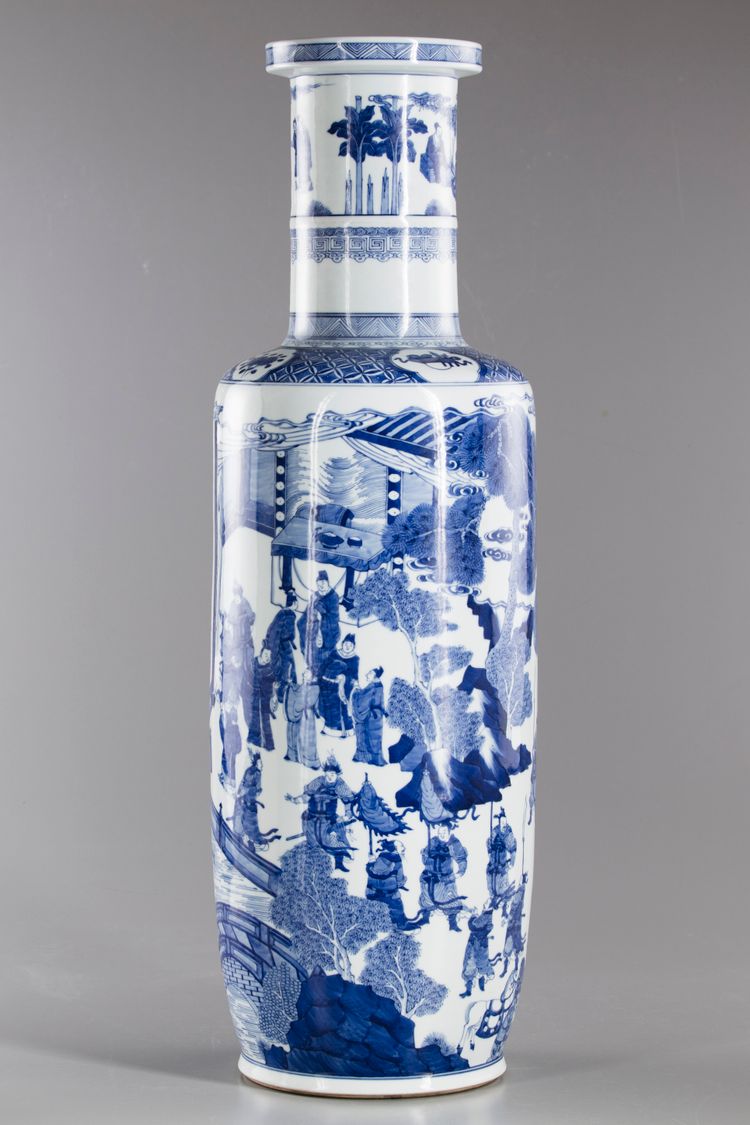 A large Chinese blue and white rouleau vase