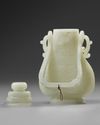 A CHINESE PALE JADE HANGING VASE WITH COVER AND HARDWOOD STAND