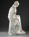 AN ALABASTER AND MARBLE SCULPTURE OF A SEATED WOMAN ROLLING WOOL, CIRCA 1890