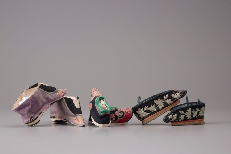 Two pairs of lotus shoes and one pair of shoes from the Miao tribe