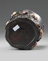 A Chinese hardstone-inlaid hardwood 'lingzhi' brush pot