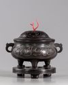 A CHINESE BRONZE CENSER WITH WOODEN STAND AND COVER