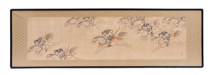 A framed oblong painting on silk