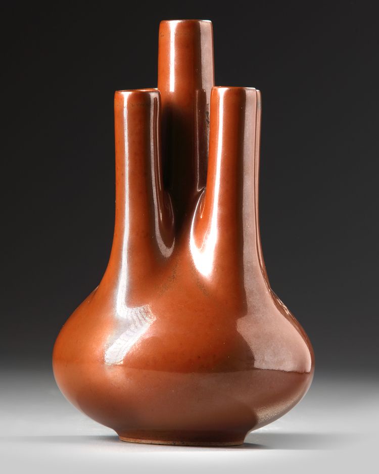 A CHINESE BROWN 'FIVE NECK' VASE, CHINA, 19TH-20TH CENTURY