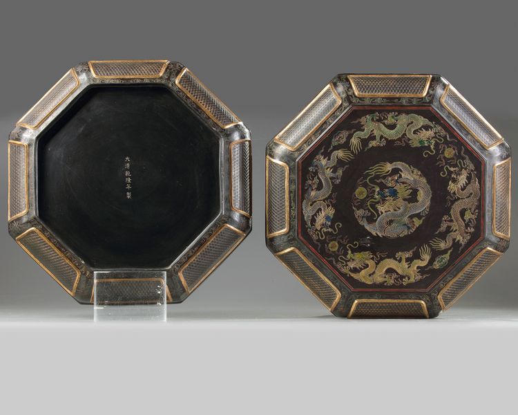 A Chinese qiangjin and tianqi lacquer 'dragons' octagonal box and cover