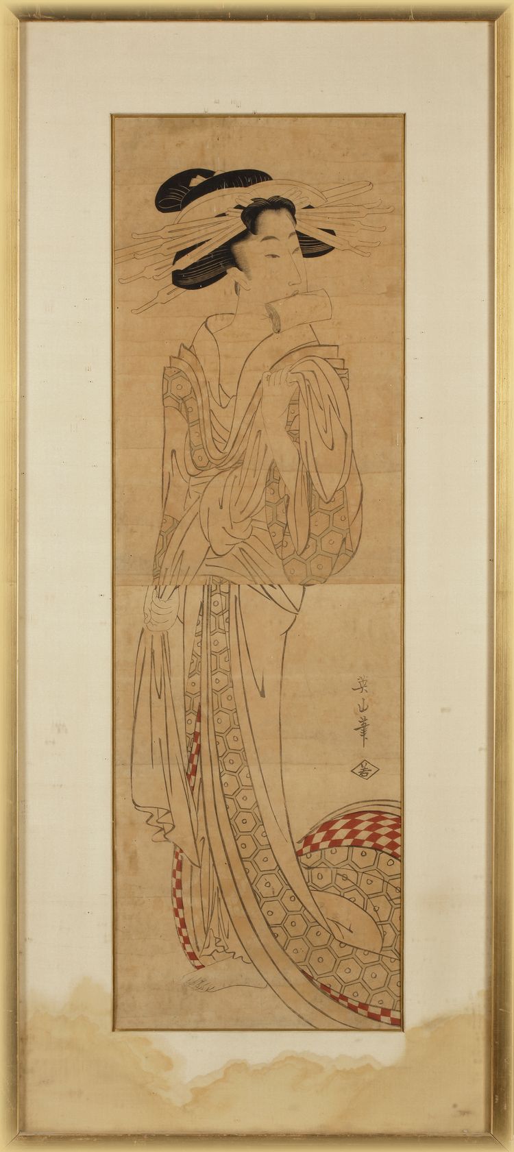 A JAPANESE WOODBLOCK PRINT OF AN ELEGANT GEISHA