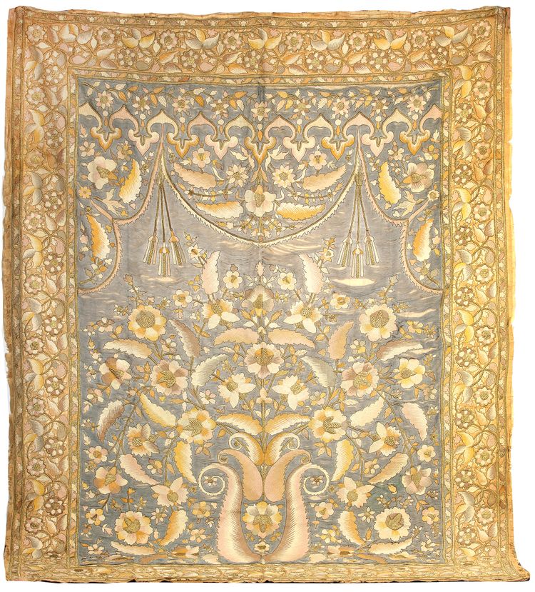 A LARGE PASTEL COLORED EMBROIDERY WITH GILT WIRES