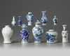 A group of ten small Chinese blue and white vases