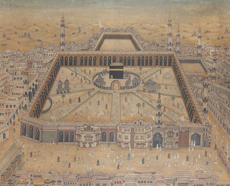 A LARGE INDIAN PAINTING WITH A VIEW OF MECCA