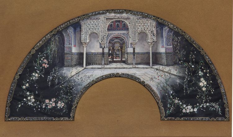A fan design depicting a Moorish patio surrounded by flowers