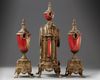 A SPELTER AND RED PORCELAIN CLOCK SET, 19TH CENTURY