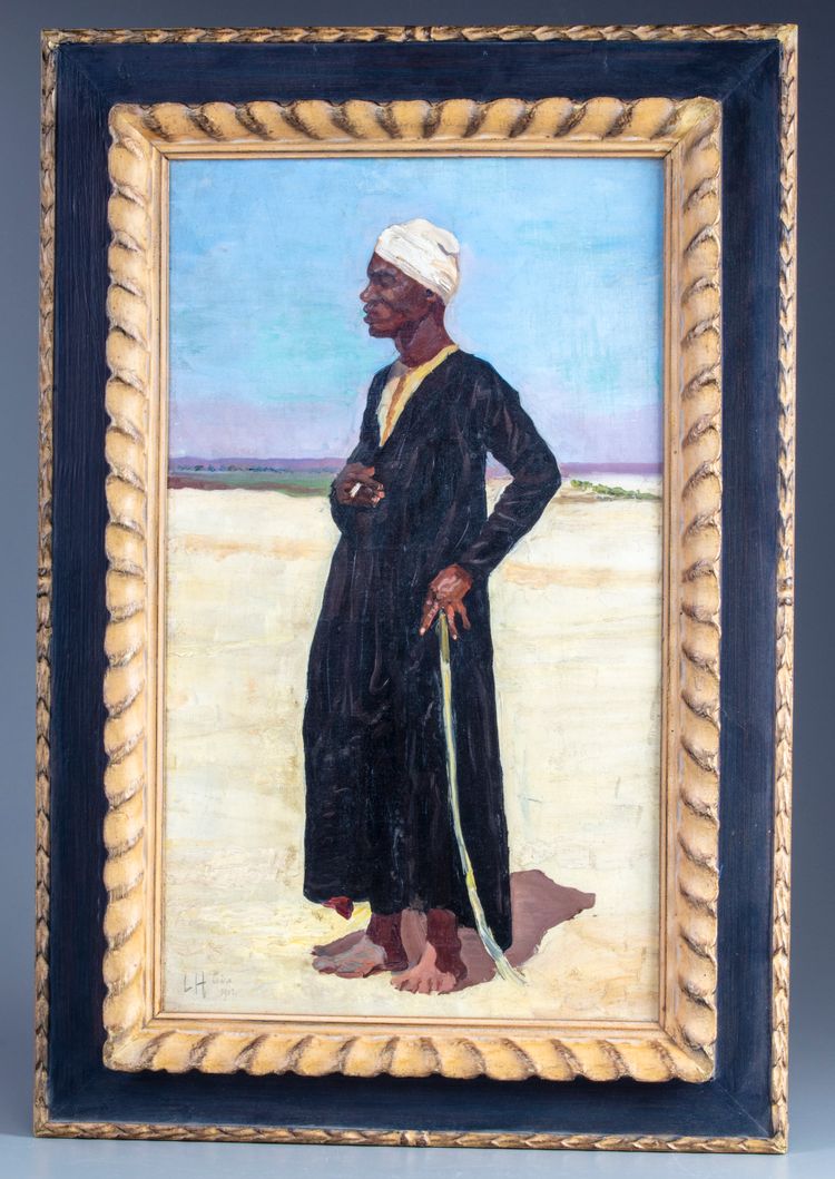 A painting depicting a standing Egyptian