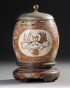 A JAPANESE SATSUMA COVERED JAR WITH WOODEN STAND, 19TH CENTURY