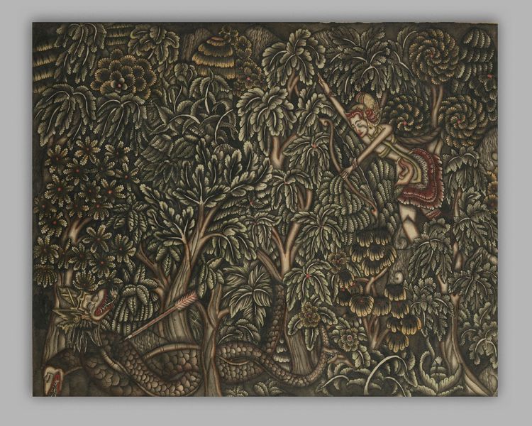 A Ubud painting depicting an archer and a snake
