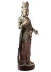 A CHINESE STANDING POLYCHROME WOOD FIGURE OF GUANYIN, LATE MING DYNASTY