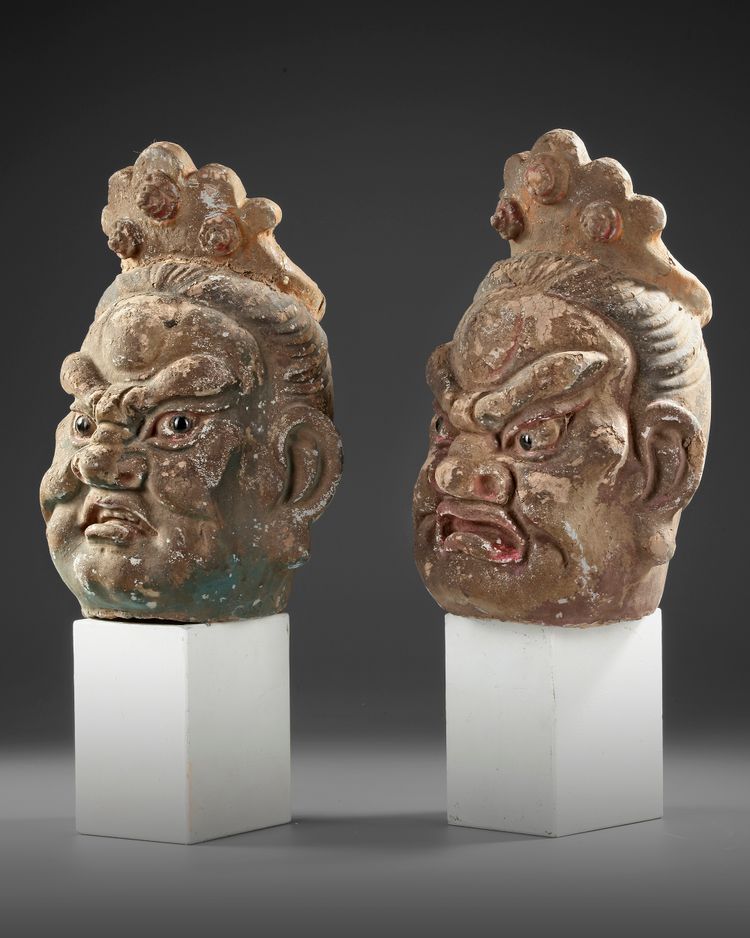 TWO CHINESE POLYCHROME WOOD HEADS, MING DYNASTY OR LATER