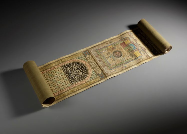 AN OTTOMAN ILLUMINATED HAJJ SCROLL, WRITTEN BY ISMAEL AHMED IN MECCA, DATED DHU HIJJA 1231 AH/1816 AD