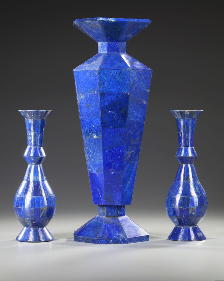 A SET OF THREE VASES OF SUPERB 'LAPIS LAZULI', MID 20TH CENTURY