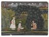 THE MUGHAL RULER AKBAR AND HIS ADVISOR VISIT A HOLY MAN AT NIGHT UNDER A STORMY SKY. NORTH INDIA. 2ND HALF 19TH  CENTURY.